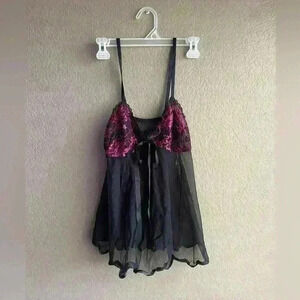 Women's Black/ Pink Lace Babydoll Sleepwear Size M